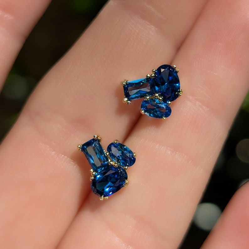 The Elia - Sapphire Small Cluster Studs Earrings Handmade Handcrafted
