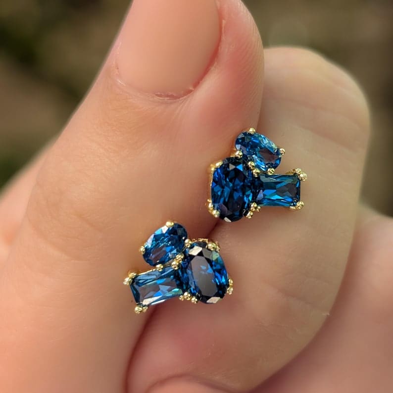 The Elia - Sapphire Small Cluster Studs Earrings Handmade Handcrafted