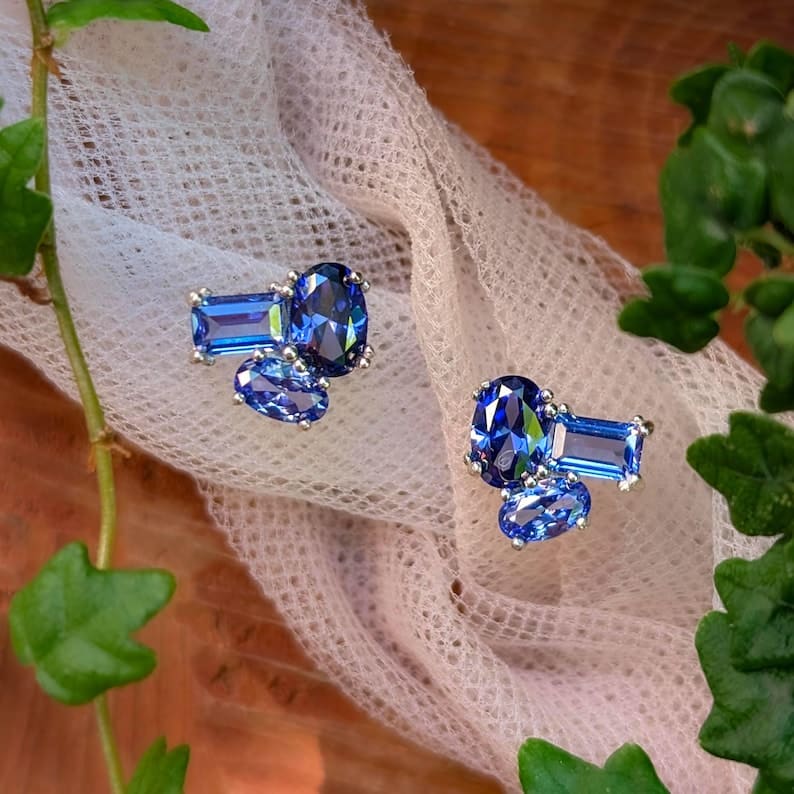 The Elia - Tanzanite Small Cluster Studs Earrings Handmade Handcrafted