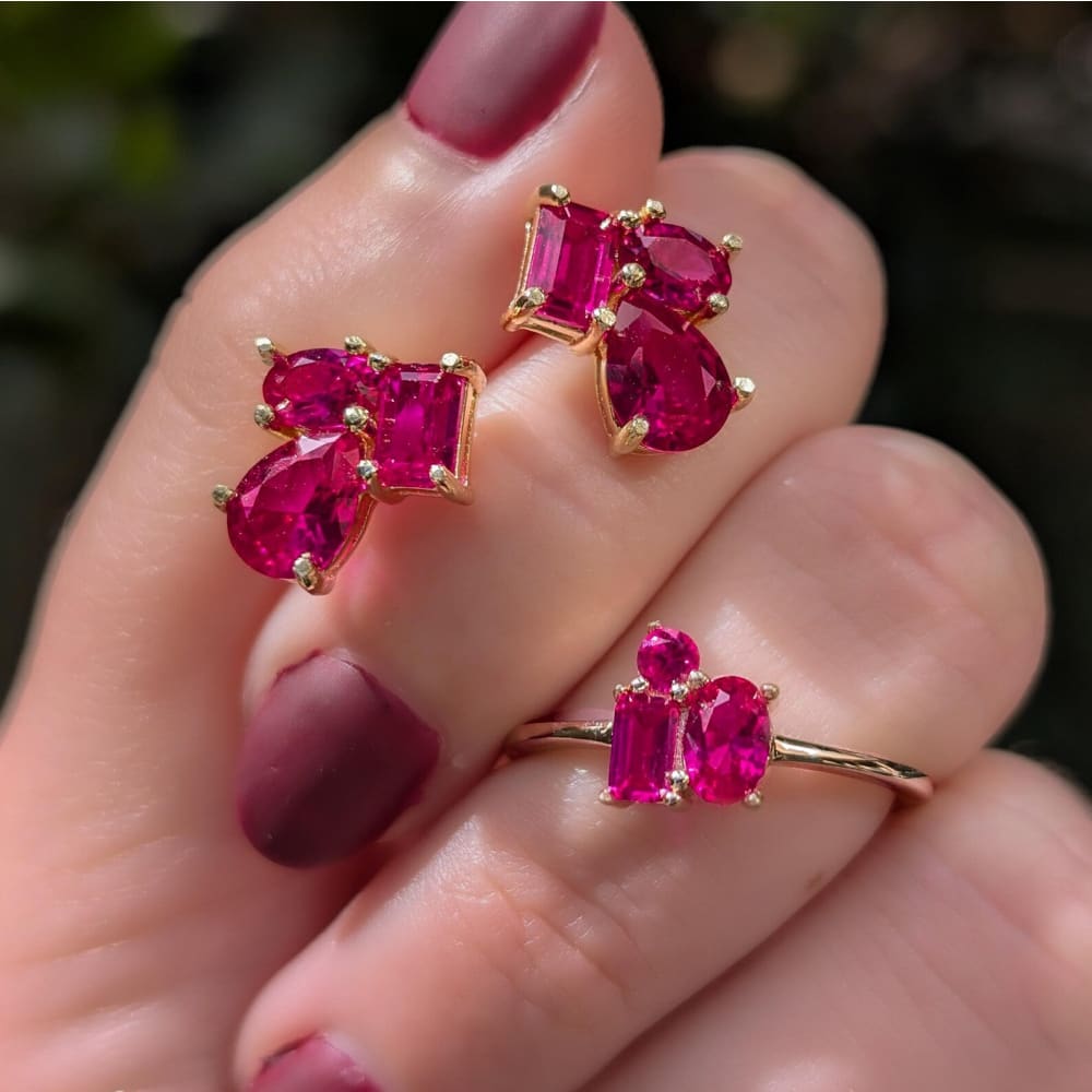 The Tulia - Ruby Cluster Studs Earrings Handmade Handcrafted