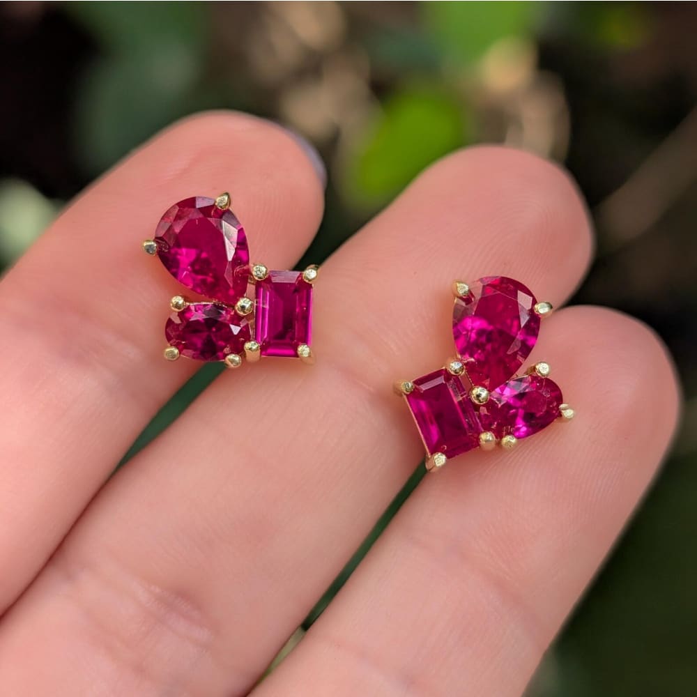 The Tulia - Ruby Cluster Studs Earrings Handmade Handcrafted