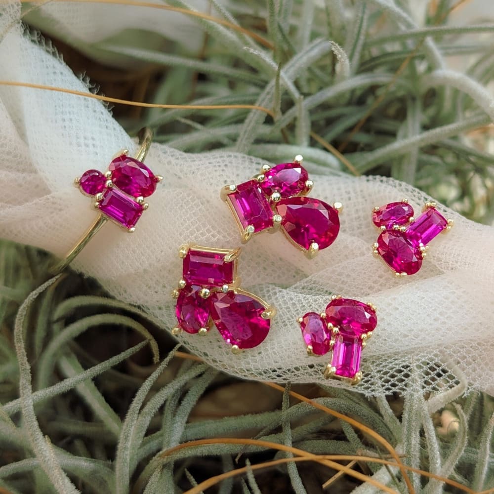 The Tulia - Ruby Cluster Studs Earrings Handmade Handcrafted