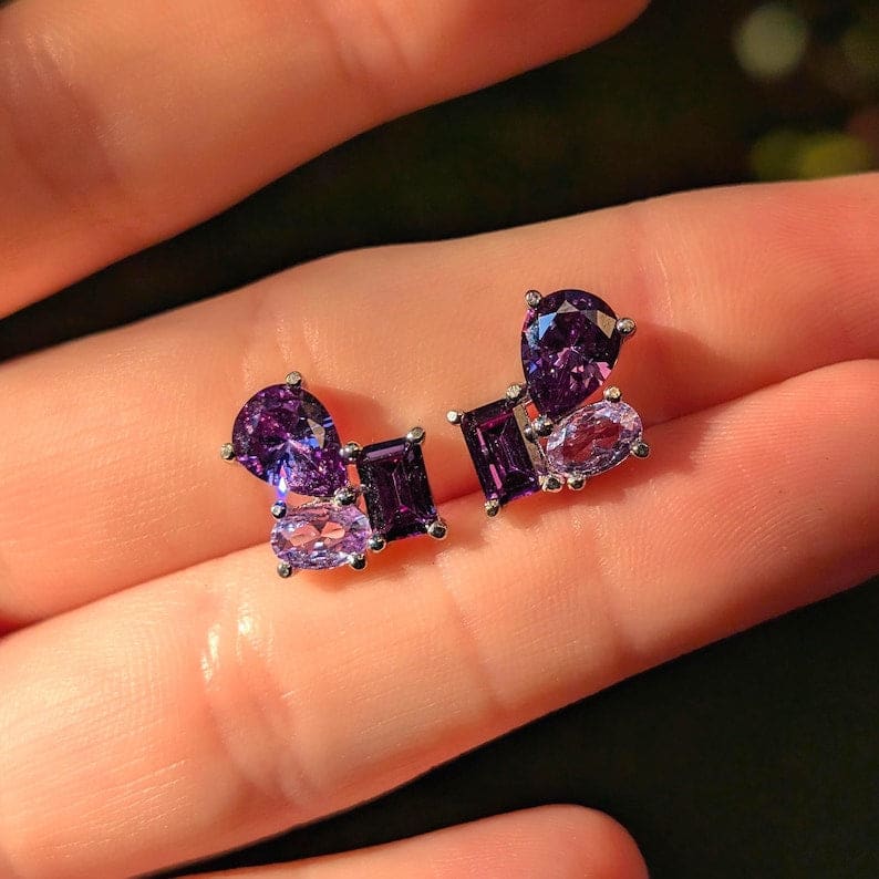 The Tulia - Amethyst Cluster Studs Earrings Handmade Handcrafted