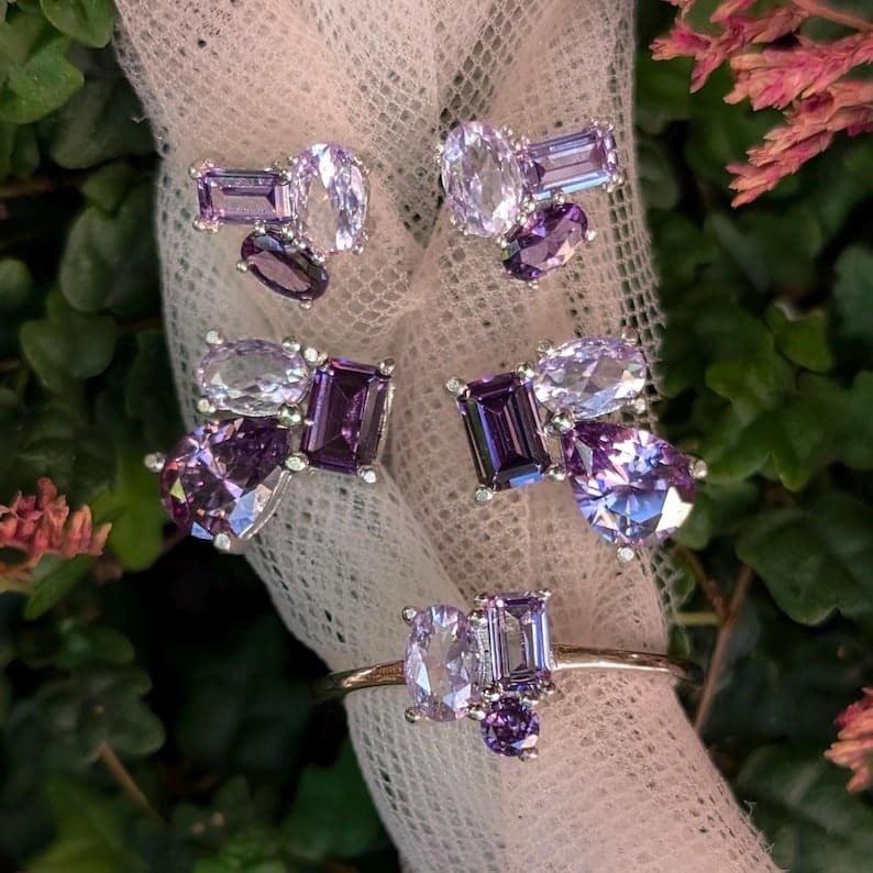 The Tulia - Amethyst Cluster Studs Earrings Handmade Handcrafted