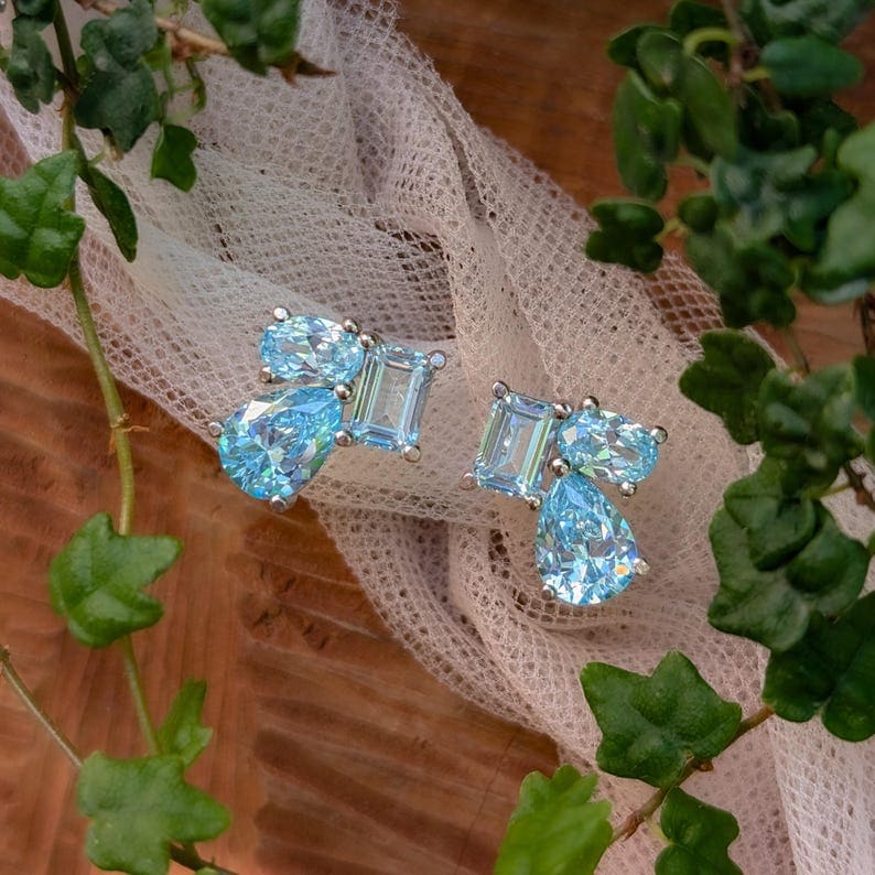The Tulia - Aquamarine Cluster Studs Earrings Handmade Handcrafted
