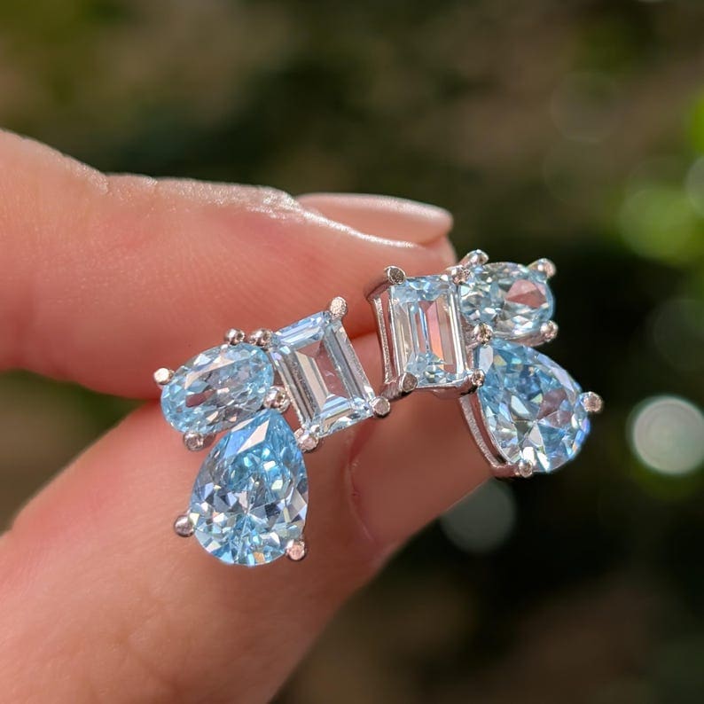 The Tulia - Aquamarine Cluster Studs Earrings Handmade Handcrafted