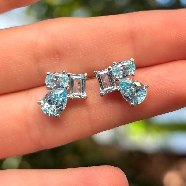 The Tulia - Aquamarine Cluster Studs Earrings Handmade Handcrafted
