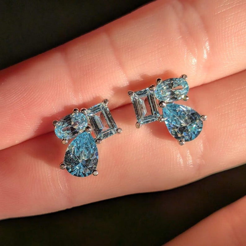 The Tulia - Aquamarine Cluster Studs Earrings Handmade Handcrafted