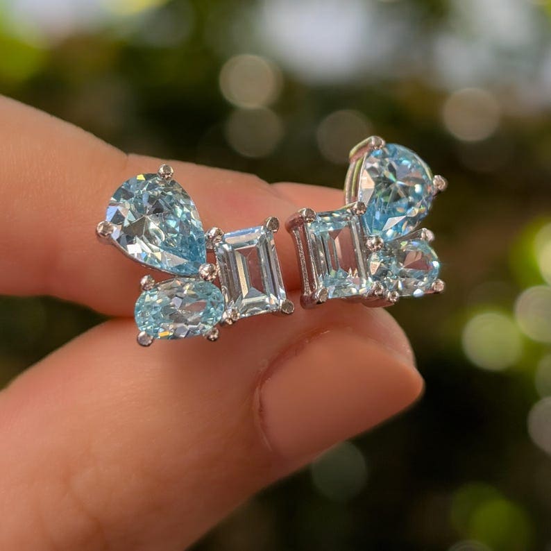 The Tulia - Aquamarine Cluster Studs Earrings Handmade Handcrafted