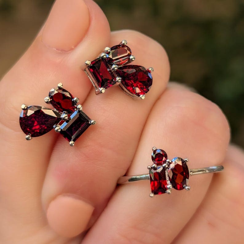 The Tulia - Garnet Cluster Studs Earrings Handmade Handcrafted