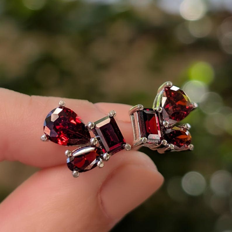 The Tulia - Garnet Cluster Studs Earrings Handmade Handcrafted