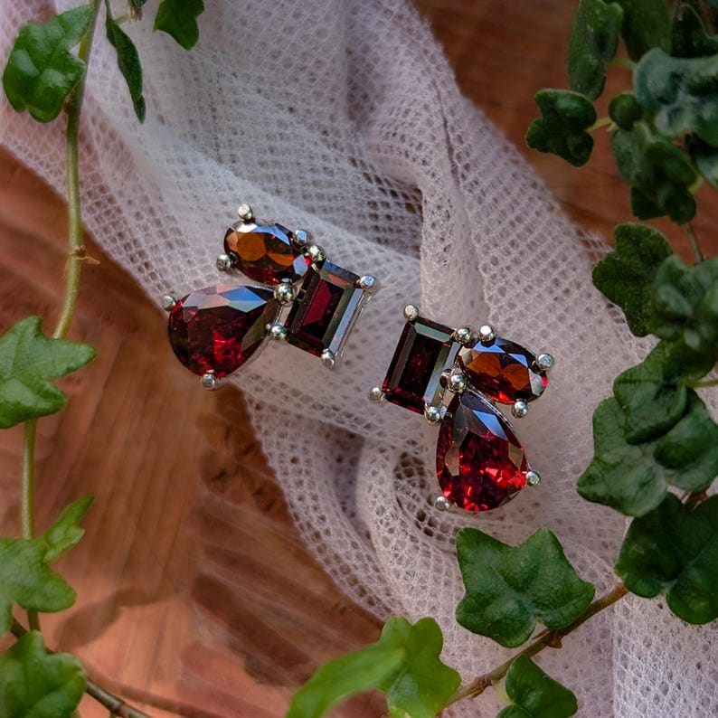 The Tulia - Garnet Cluster Studs Earrings Handmade Handcrafted