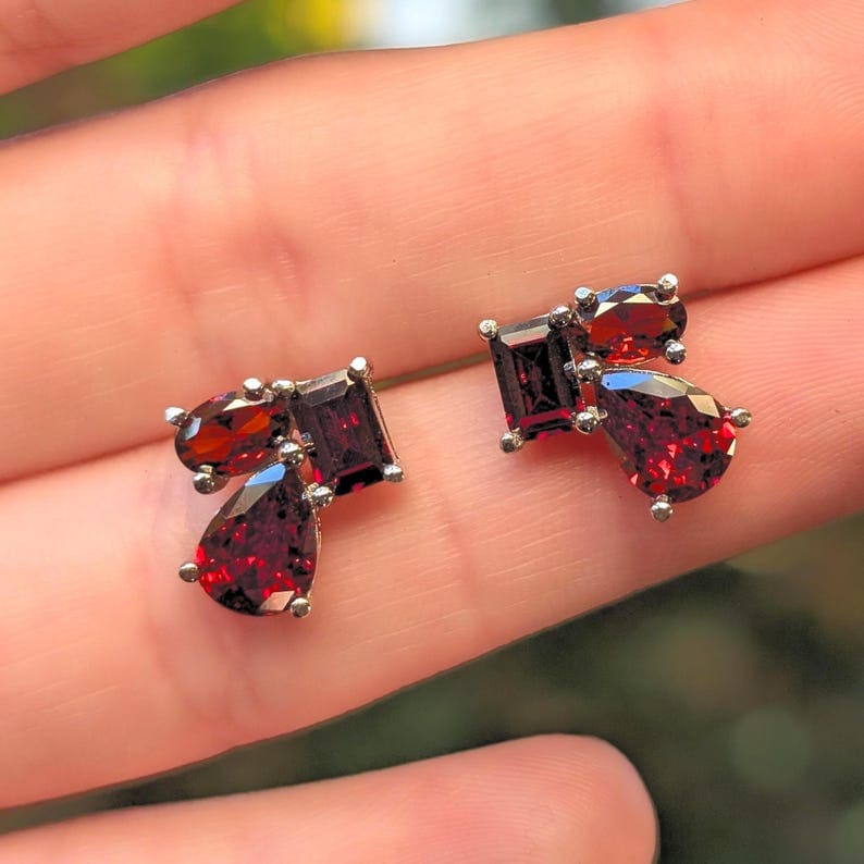 The Tulia - Garnet Cluster Studs Earrings Handmade Handcrafted