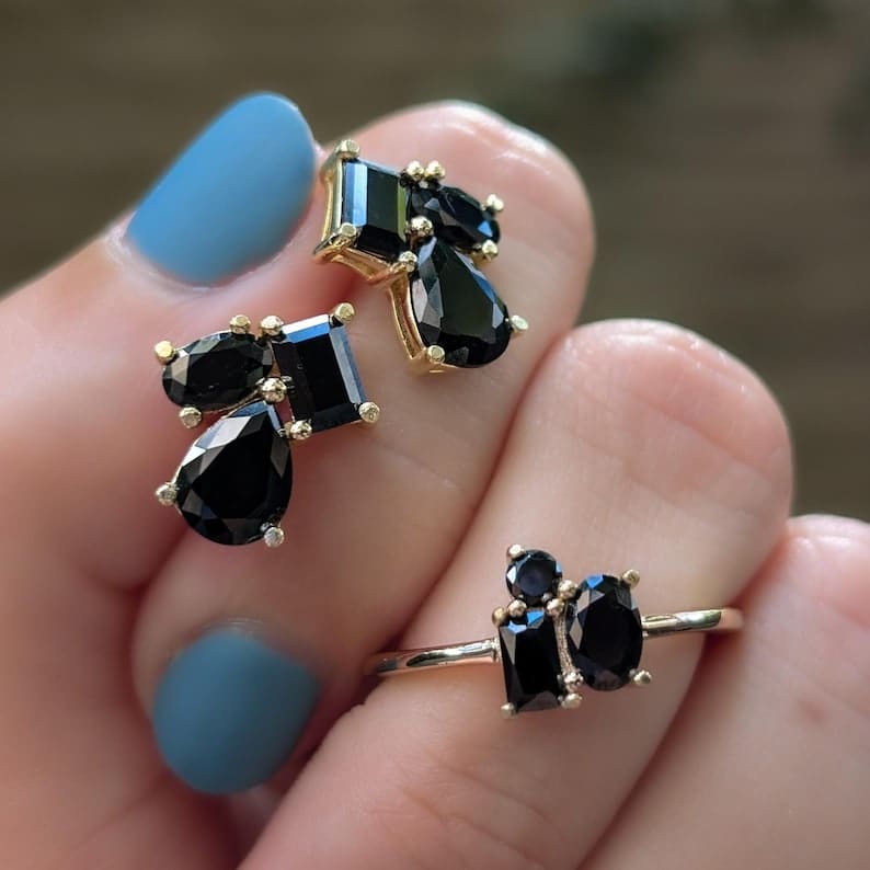 The Tulia - Onyx Cluster Studs Earrings Handmade Handcrafted