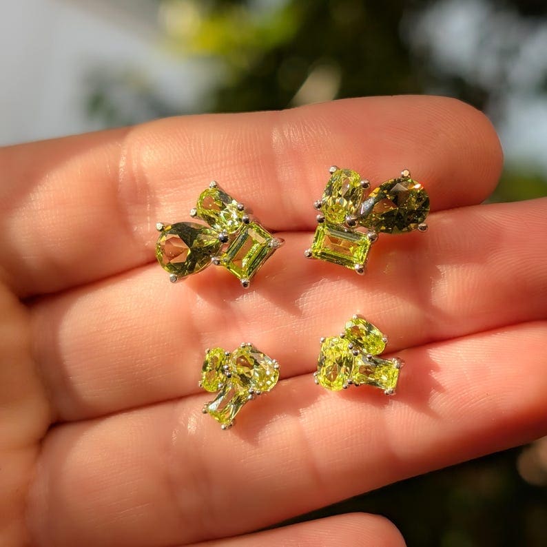 The Tulia - Peridot Cluster Studs Earrings Handmade Handcrafted
