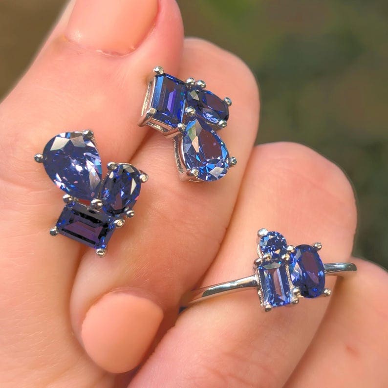 The Tulia - Tanzanite Cluster Studs Earrings Handmade Handcrafted