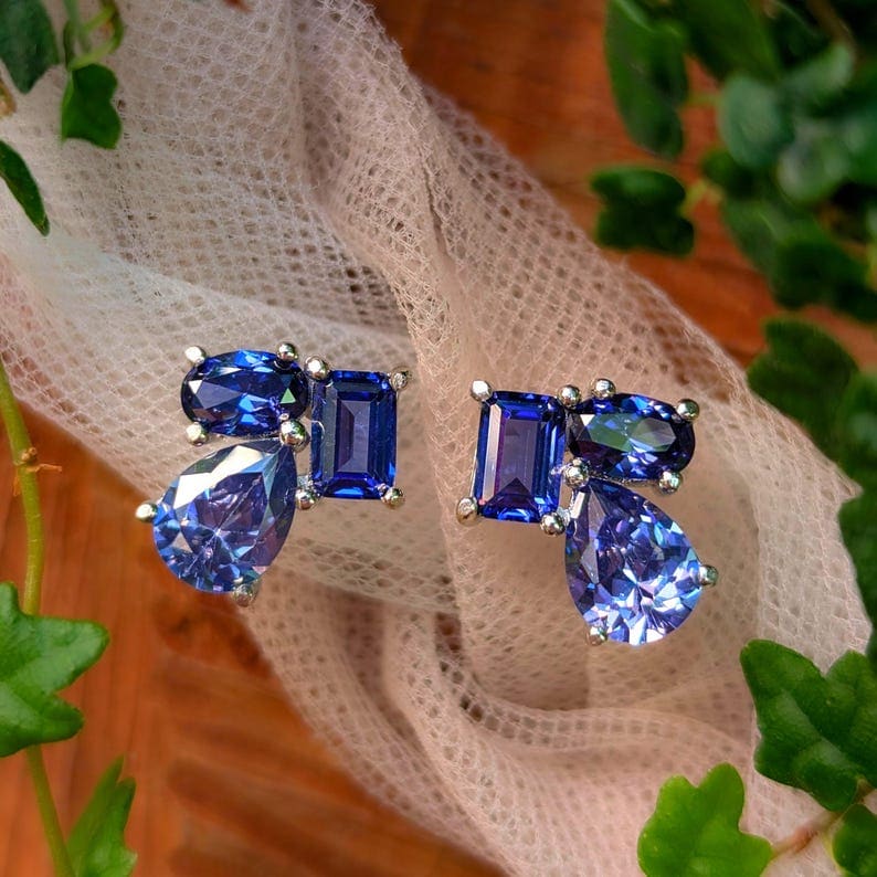 The Tulia - Tanzanite Cluster Studs Earrings Handmade Handcrafted