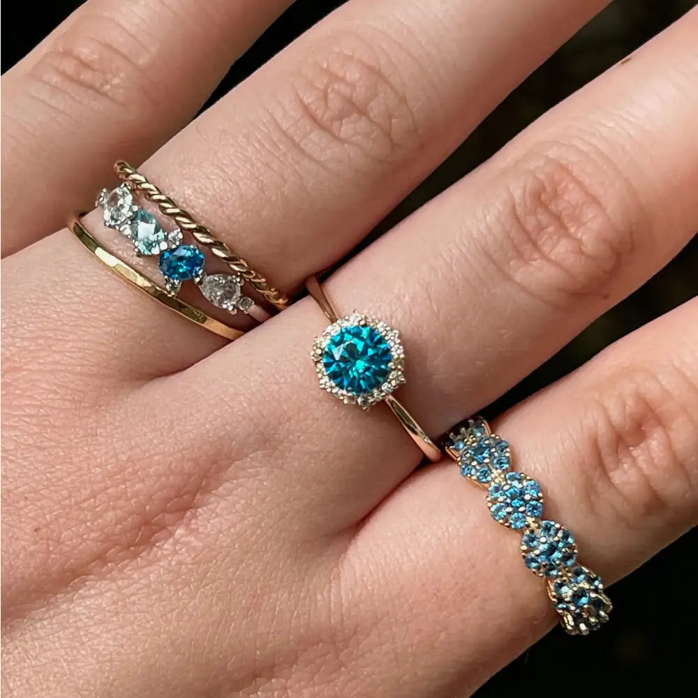 Vintage Hexagon Ring - Blue Topaz Halo Rings Handmade Handcrafted