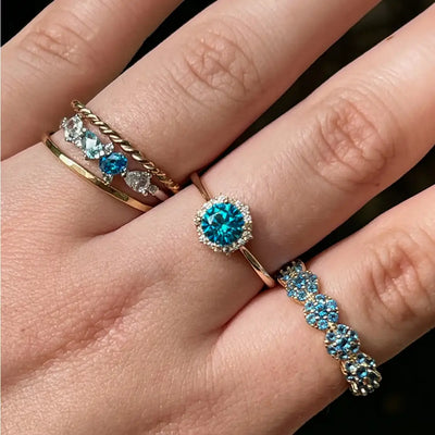 Vintage Hexagon Blue Topaz Halo Ring Rings Handmade Handcrafted