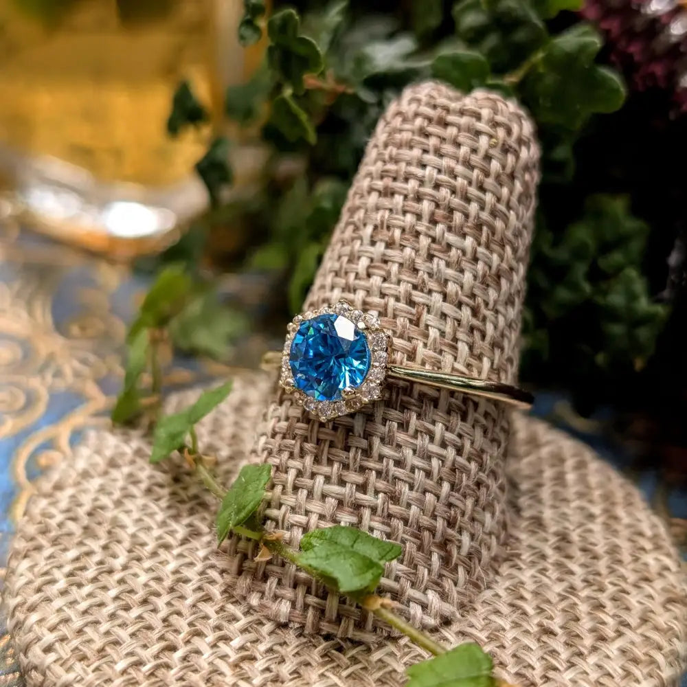 Vintage Hexagon Ring - Blue Topaz Halo Rings Handmade Handcrafted