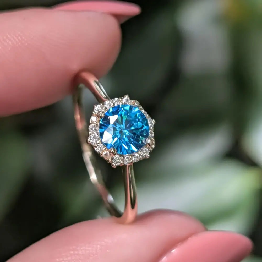 Vintage Hexagon Ring - Blue Topaz Halo Rings Handmade Handcrafted