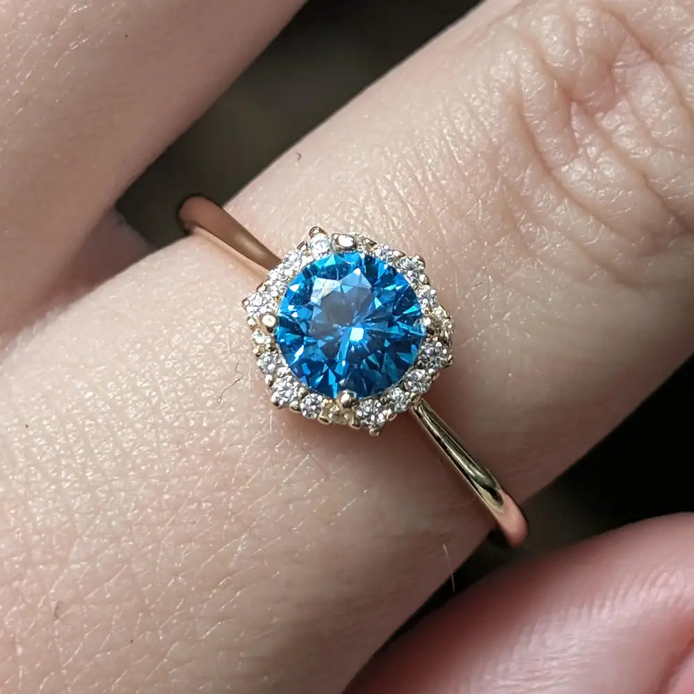 Vintage Hexagon Ring - Blue Topaz Halo Rings Handmade Handcrafted