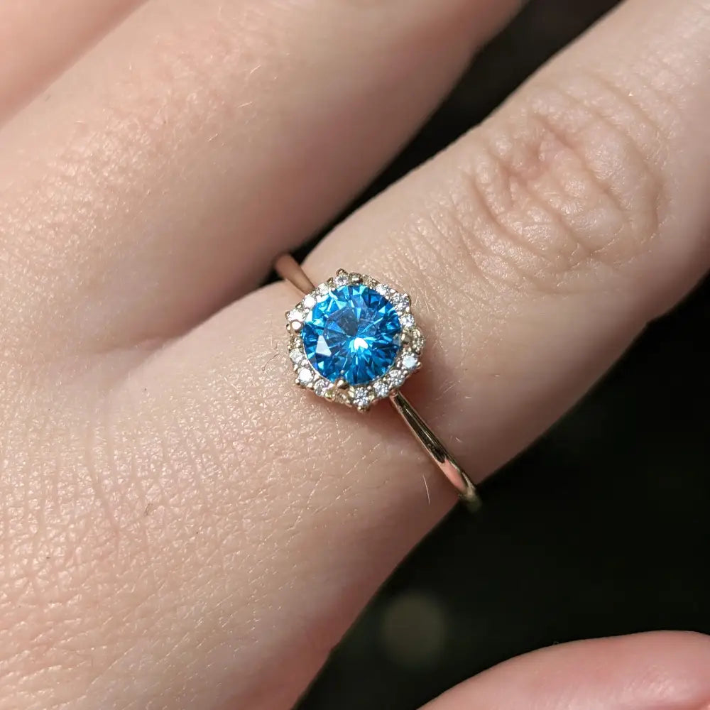 Vintage Hexagon Ring - Blue Topaz Halo Rings Handmade Handcrafted