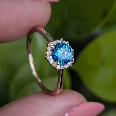 Vintage Hexagon Blue Topaz Halo Ring Rings Handmade Handcrafted
