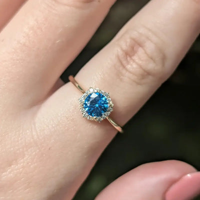 Vintage Hexagon Blue Topaz Halo Ring Rings Handmade Handcrafted