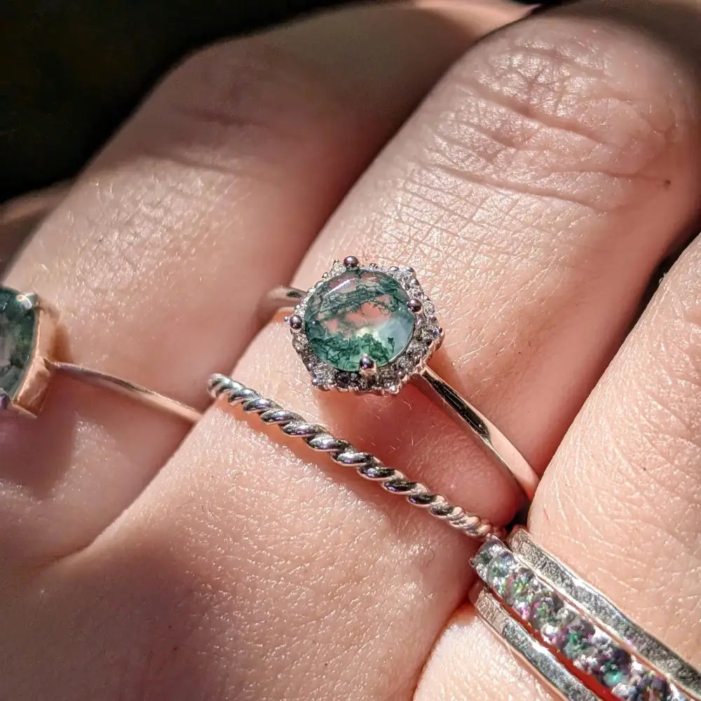 Vintage Hexagon Ring - Moss Agate Rings Handmade Handcrafted