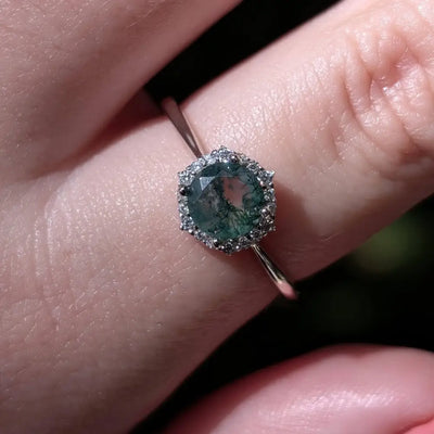 Vintage Hexagon Ring - Moss Agate Rings Handmade Handcrafted