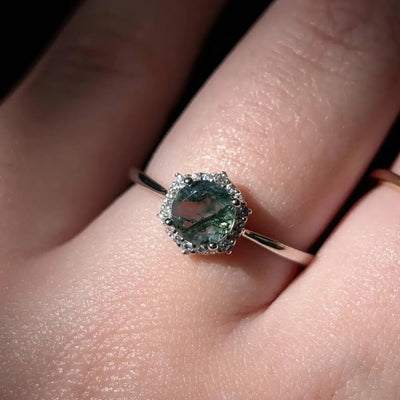 Vintage Hexagon Ring - Moss Agate Rings Handmade Handcrafted