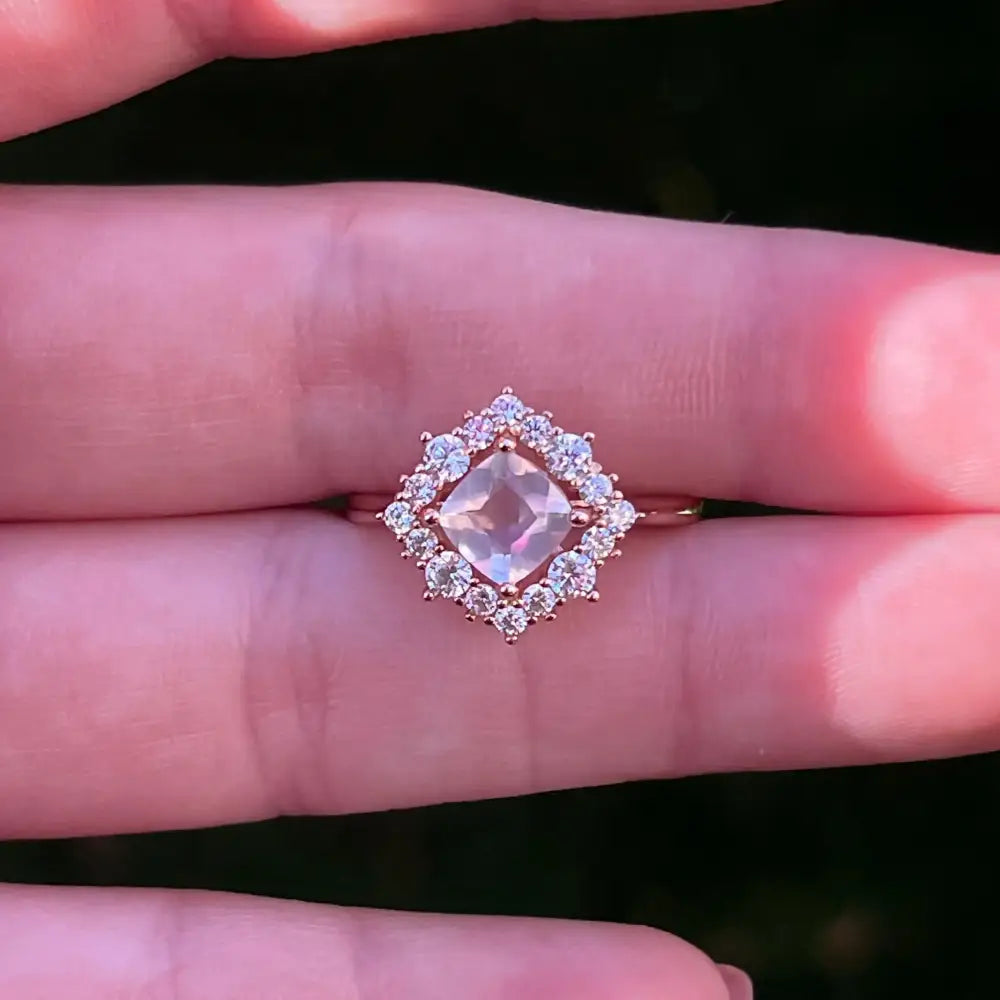 Vintage Square Morganite Halo Ring Rings Handmade Handcrafted