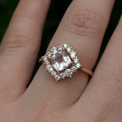 Vintage Square Morganite Halo Ring Rings Handmade Handcrafted