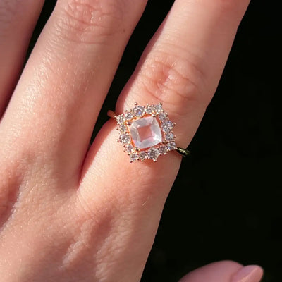 Vintage Square Morganite Halo Ring Rings Handmade Handcrafted