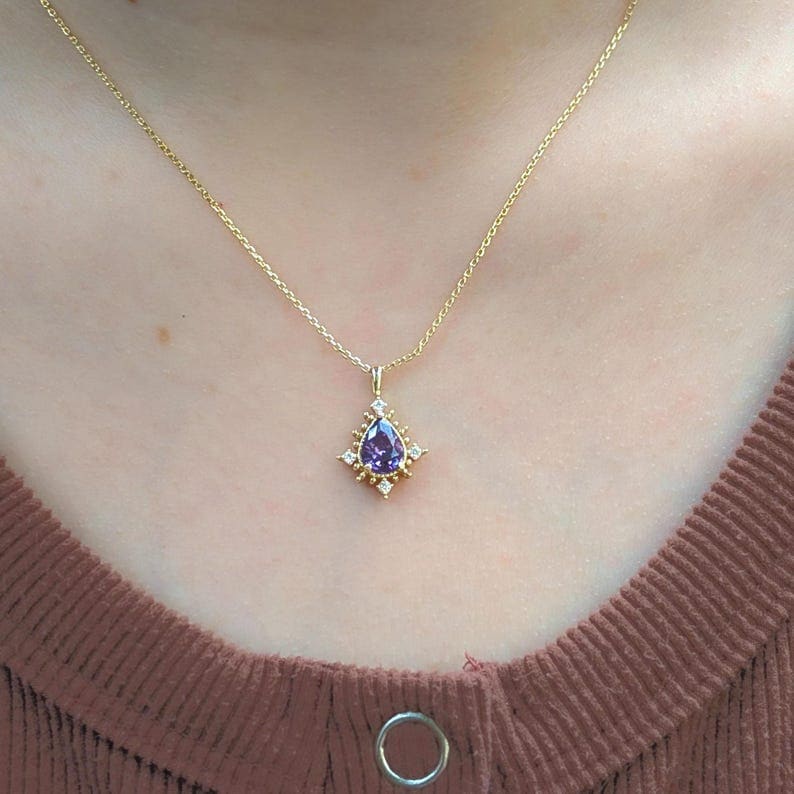 Vintage Teardrop Amethyst Halo Pendant Necklace Necklaces Handmade Handcrafted