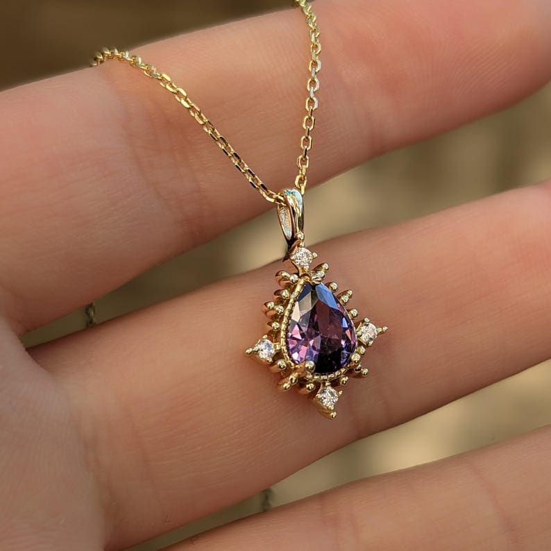 Vintage Teardrop Amethyst Halo Pendant Necklace Necklaces Handmade Handcrafted
