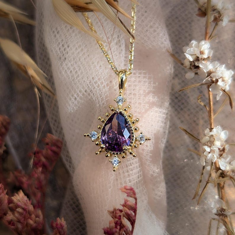 Vintage Teardrop Amethyst Halo Pendant Necklace Necklaces Handmade Handcrafted