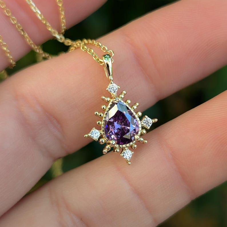 Vintage Teardrop Amethyst Halo Pendant Necklace Necklaces Handmade Handcrafted