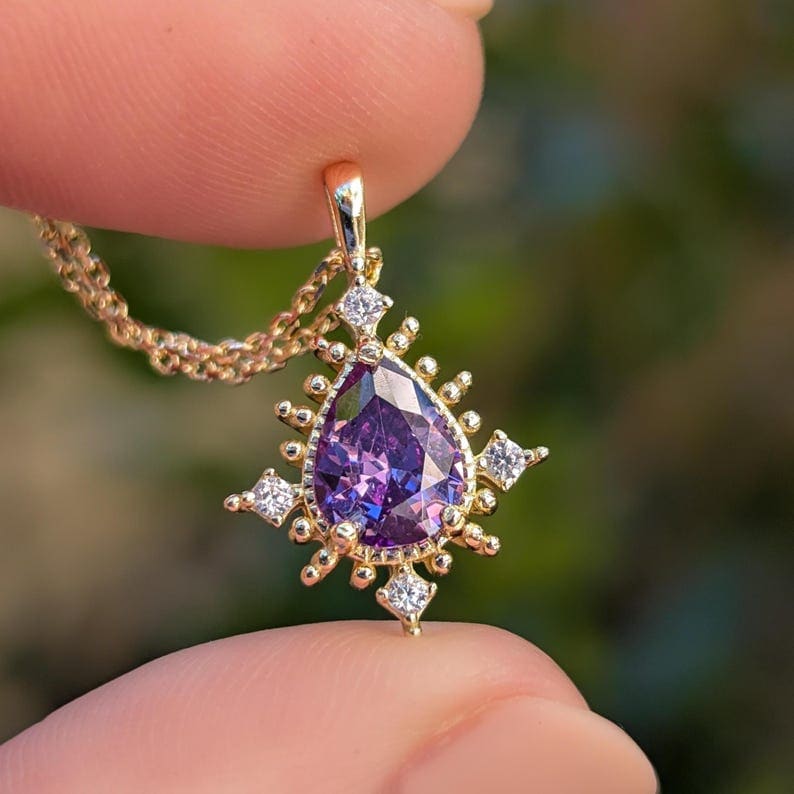 Vintage Teardrop Amethyst Halo Pendant Necklace Necklaces Handmade Handcrafted