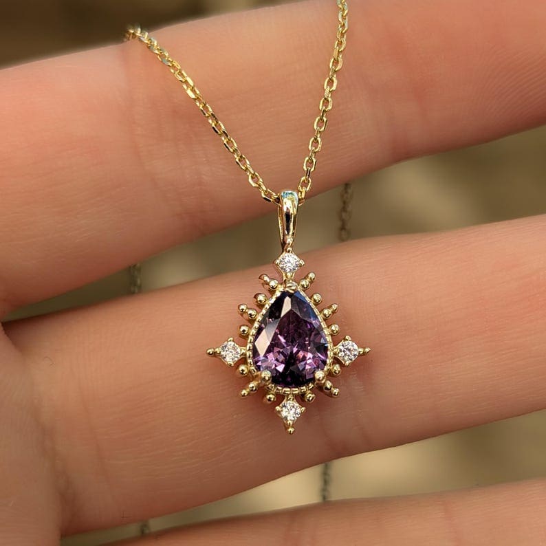 Vintage Teardrop Amethyst Halo Pendant Necklace Necklaces Handmade Handcrafted