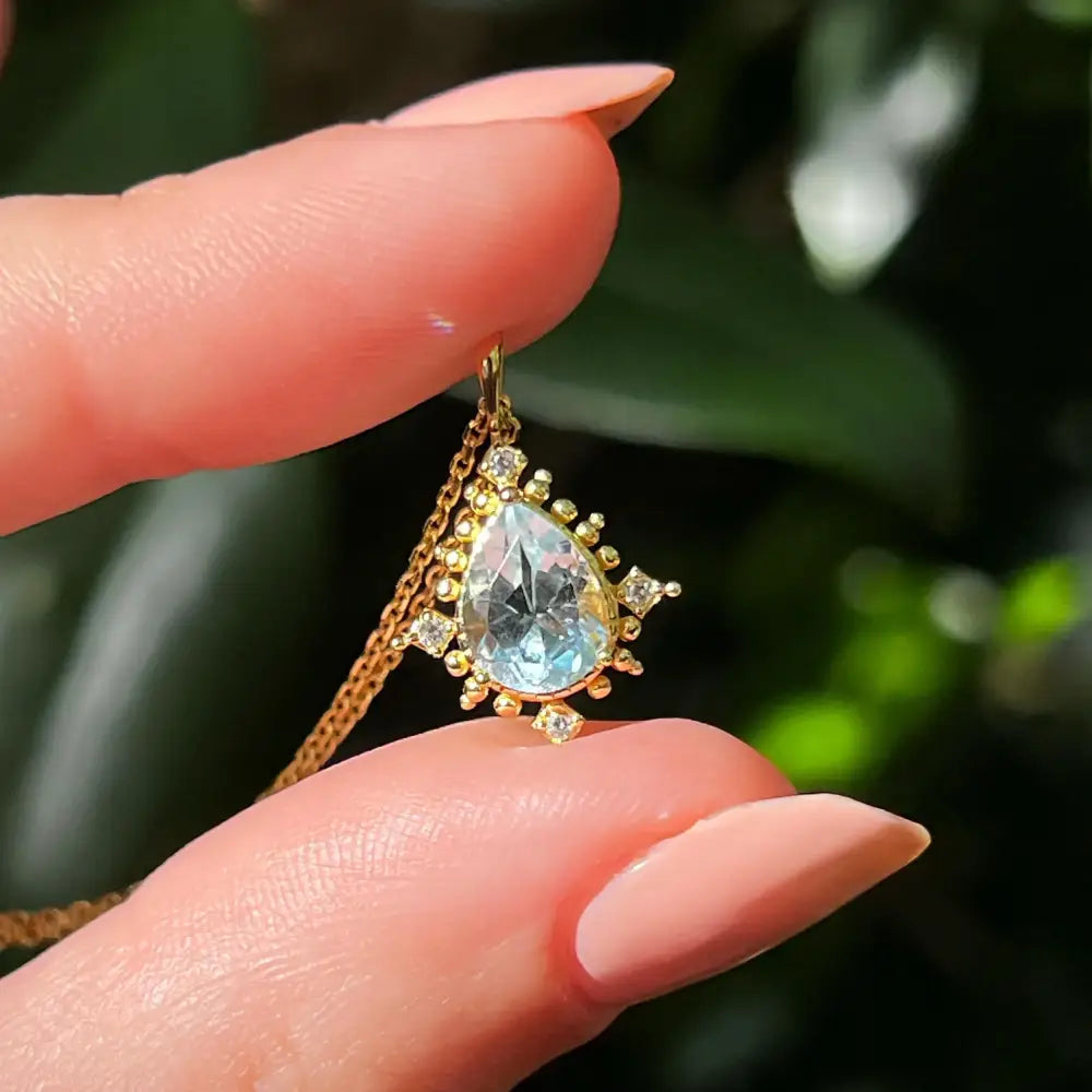 Vintage Teardrop Aquamarine Halo Pendant Necklace Necklaces Handmade Handcrafted