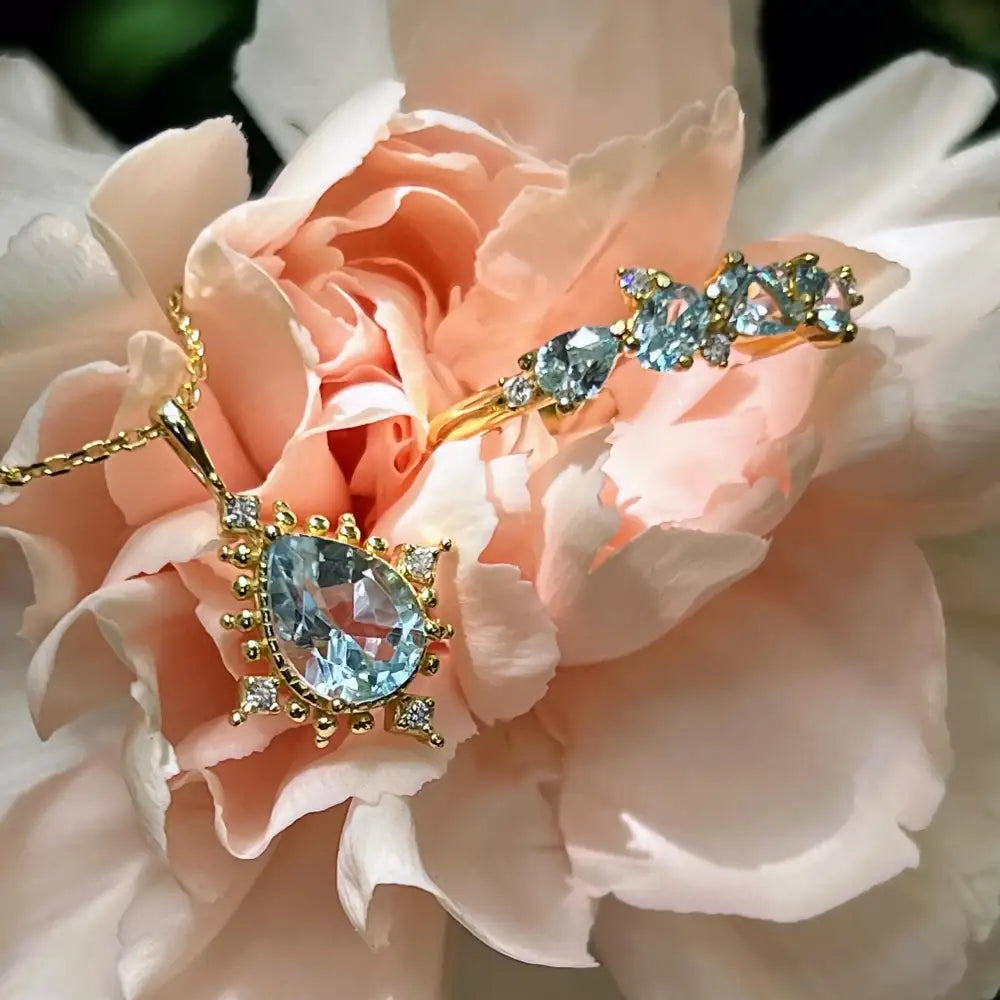 Vintage Teardrop Aquamarine Halo Pendant Necklace Necklaces Handmade Handcrafted