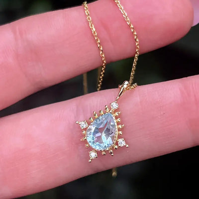 Vintage Teardrop Aquamarine Halo Pendant Necklace Necklaces Handmade Handcrafted
