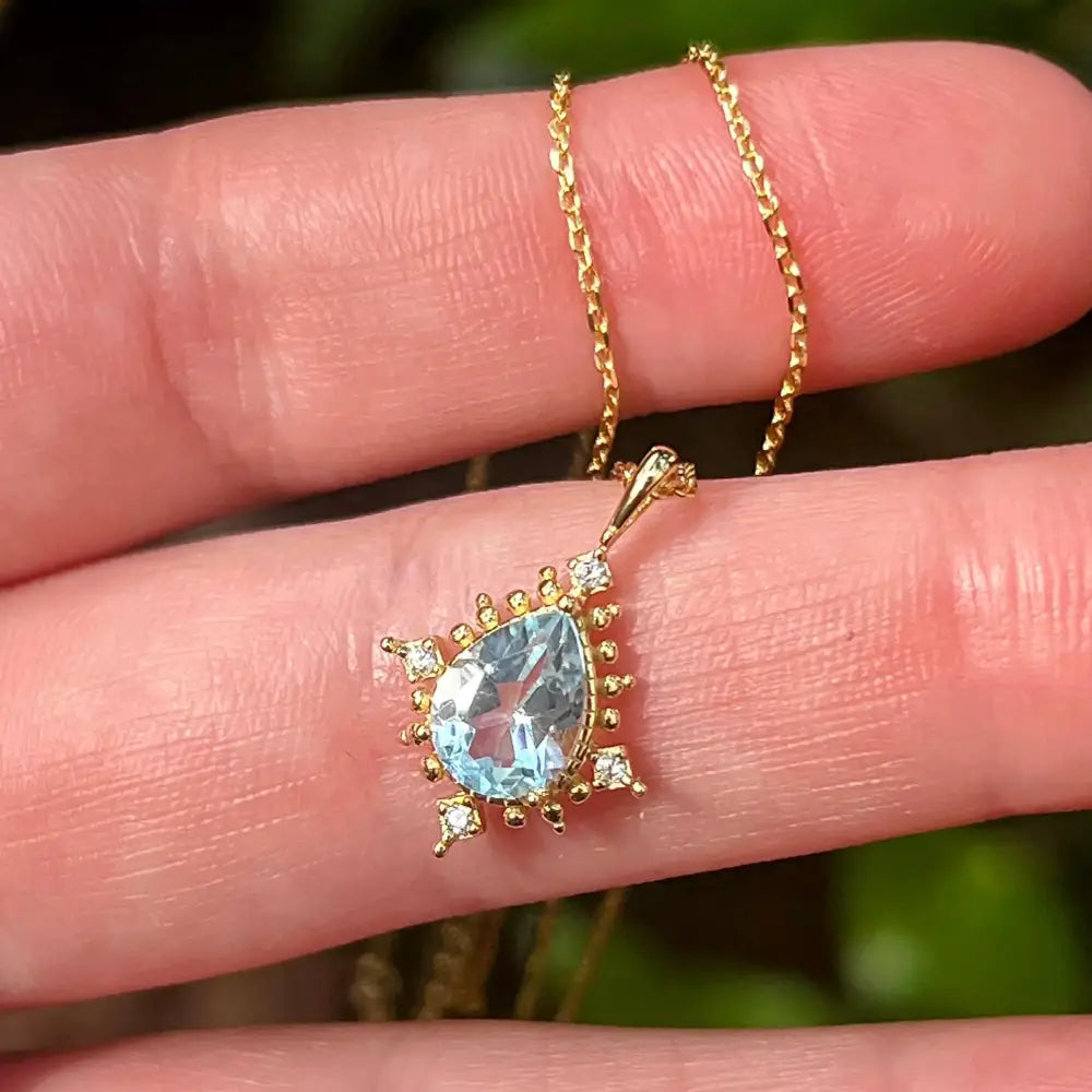 Vintage Teardrop Aquamarine Halo Pendant Necklace Necklaces Handmade Handcrafted