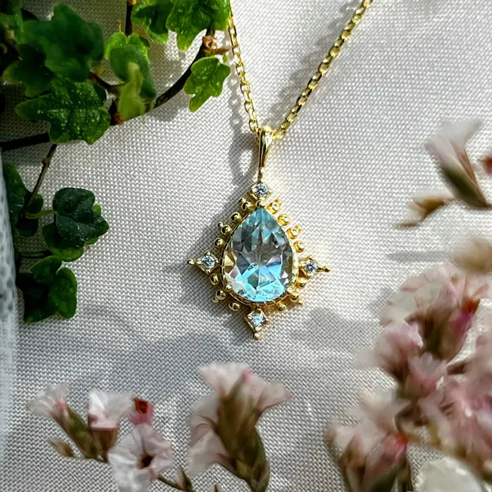 Vintage Teardrop Aquamarine Halo Pendant Necklace Necklaces Handmade Handcrafted