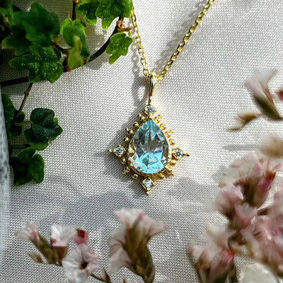 Vintage Teardrop Aquamarine Halo Pendant Necklace Necklaces Handmade Handcrafted