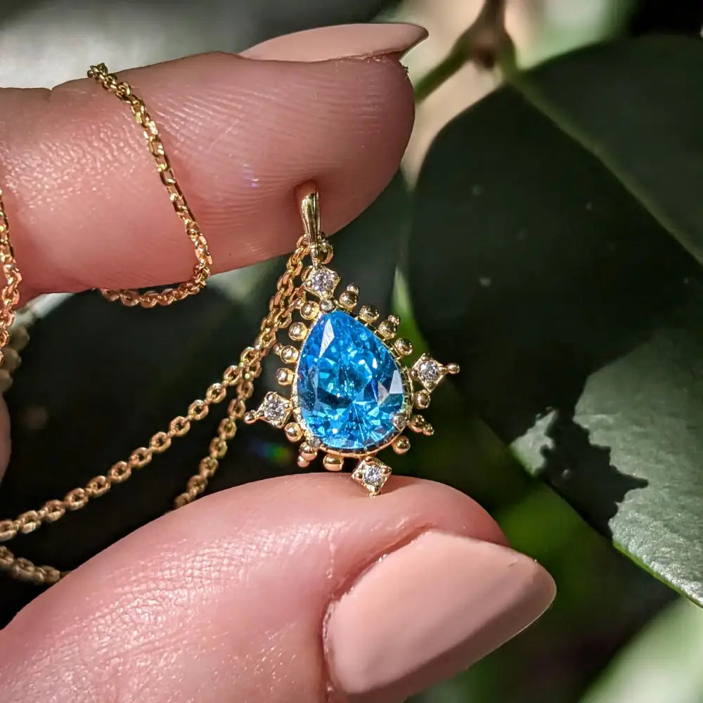 Vintage Teardrop Blue Topaz Halo Pendant Necklace Necklaces Handmade Handcrafted