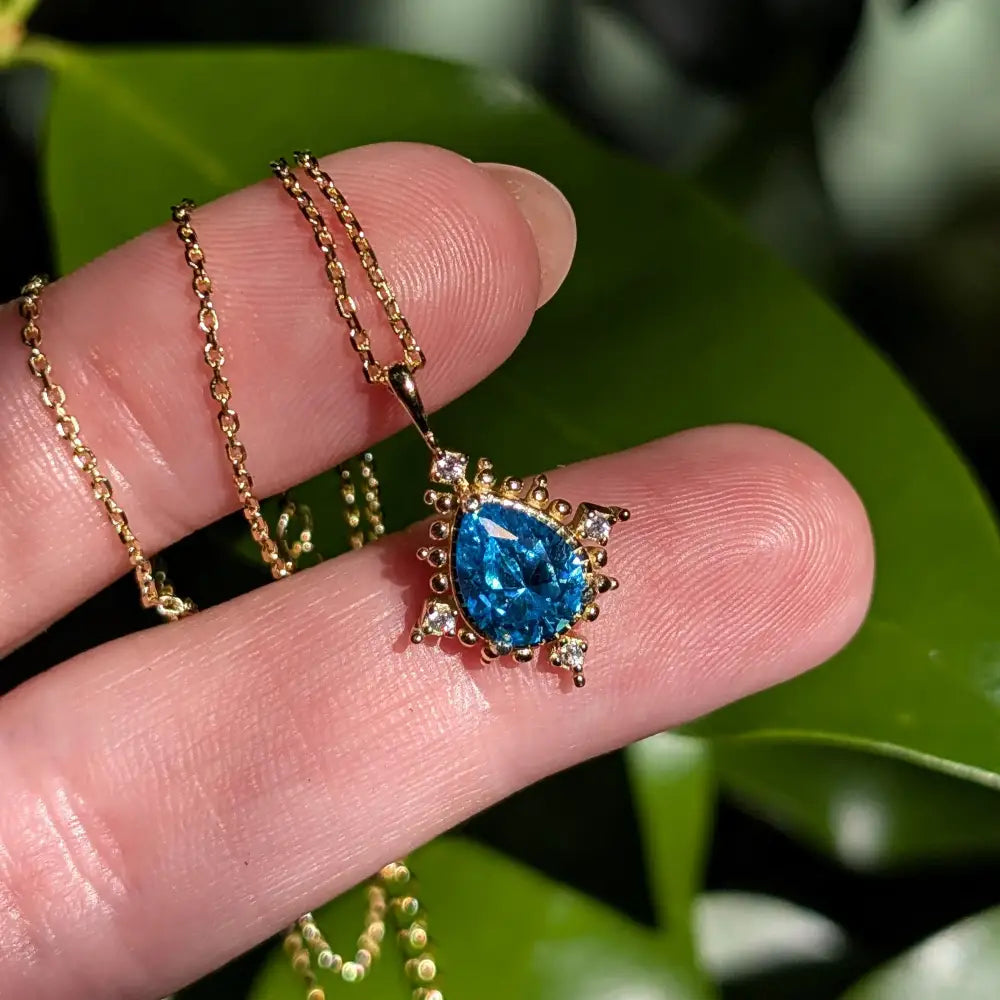 Vintage Teardrop Blue Topaz Halo Pendant Necklace Necklaces Handmade Handcrafted