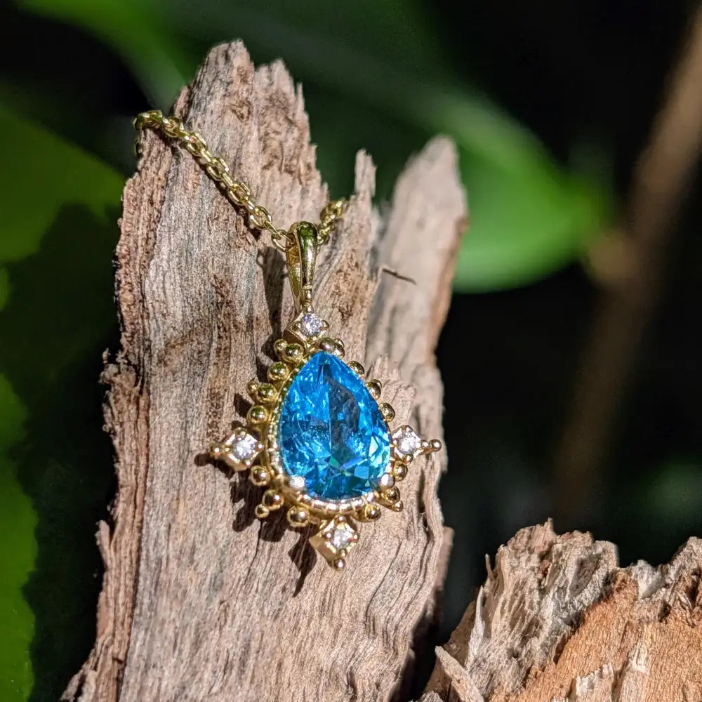 Vintage Teardrop Blue Topaz Halo Pendant Necklace Necklaces Handmade Handcrafted